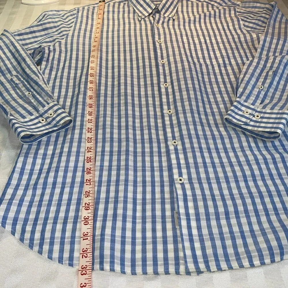 PETER MILLAR Cotton & Linen Blue Plaid Long Sleeve Casual Shirt XL EUC